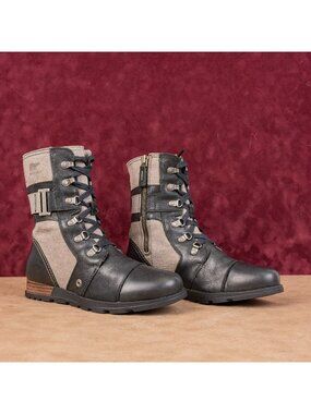 Sorel Women Carly Lace-up Zip Festival Black Leather Canvas Combat Boots sz 8.5